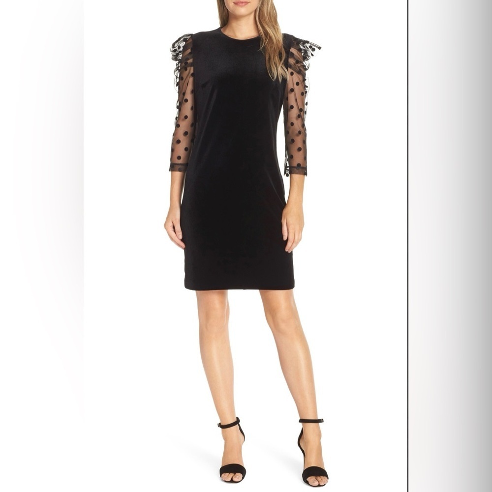 Julia Jordan Black Velvet w Sheer Swiss Polka Dot Puff Sleeve Cocktail Dress